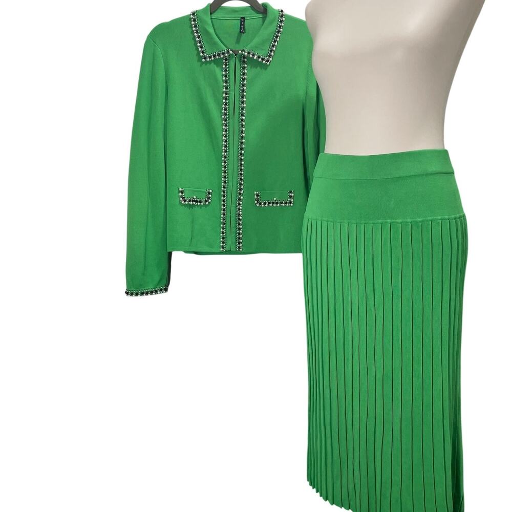 MTWT 9-5 Green Jeweled Knit Sweater Skirt Set Retro Academia Women's Small - Picture 2 of 11